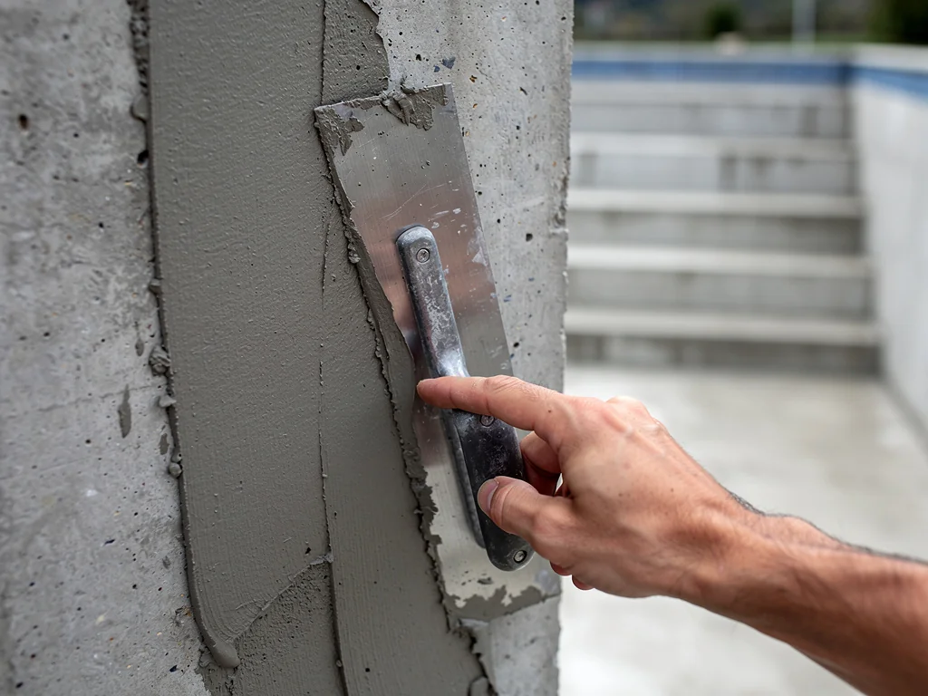 Enduit d'étanchéité appliqué à la spatule sur la paroi d'une piscine béton vidée